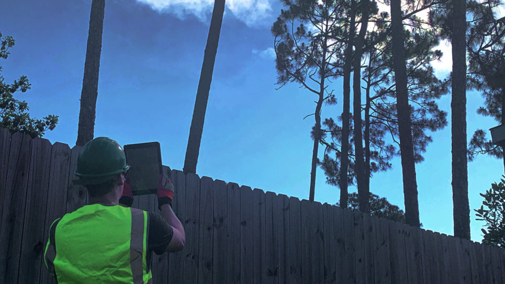 an arborist using software on his tablet to improve customer experience.