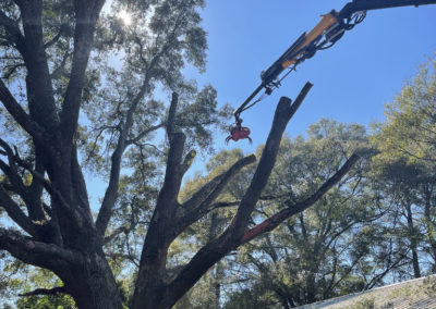 A grappling saw truck's boom over a house removing limbs