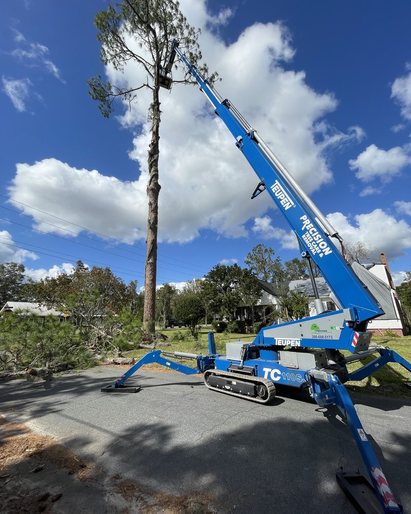 Precision Tree Care TC115 tracked lift set up on outriggers beside a tall pine